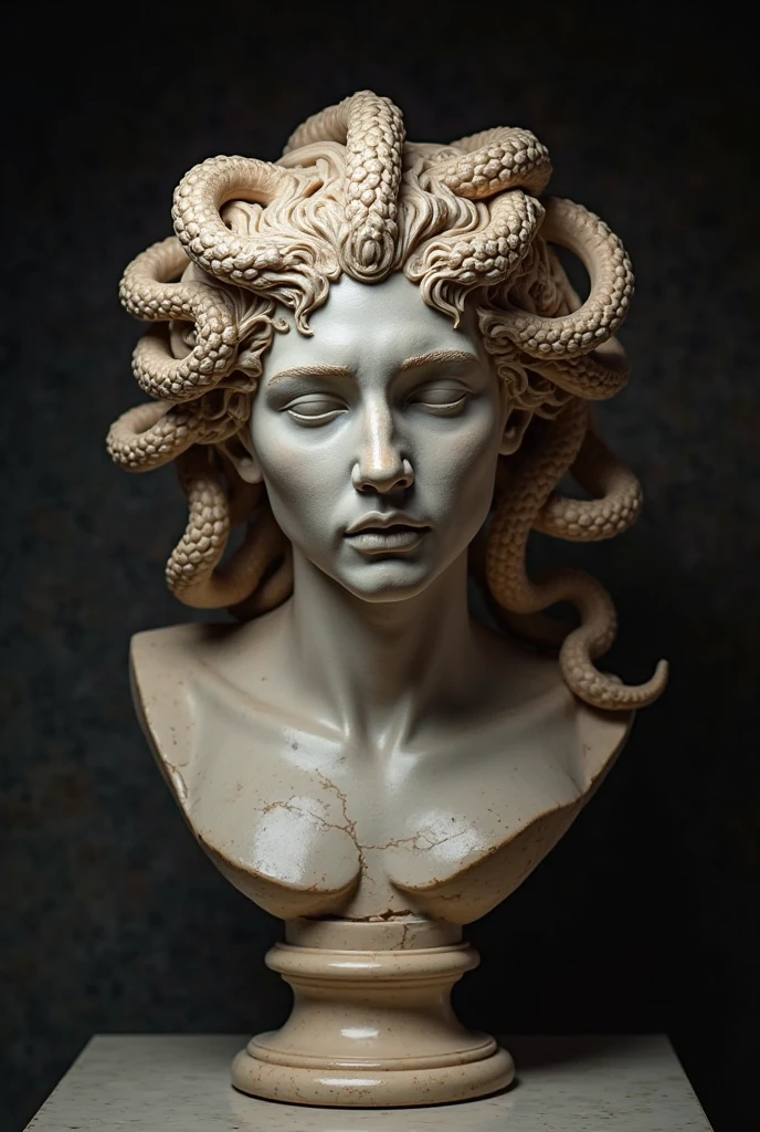 (extremely high-resolution), (qualidade de obra-prima), escultura escura e detalhada, (Medusa: 1.3, Gorgona: 1.2), cobras, olhos verdes, dentes afiados, escamas, (sombra e luz), THREATENING, sinistra, belissima, sensual, dinamic angle