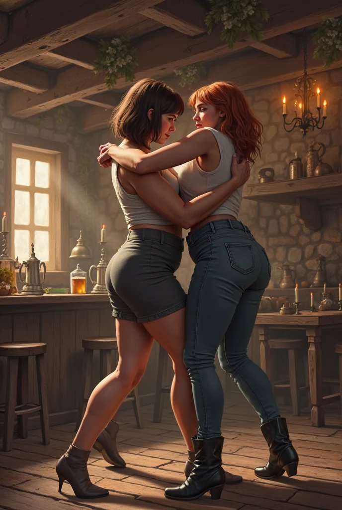 score_9, score_8_up, score_7_up, score_6_up, score_5_up. INTERVAL, (((????))) (((????))) (((Style: ???? GothicNOIR))) (((Subject: Two womans lesbian lovers have ??? in an underground nightclub Being them: A beautiful young ???? nymphet, redhead with long and voluminous braids and yellow eyes, ????, AND A beautiful tough and ???? blonde woman, with short and silky golden hair and red eyes, ????, in front of a velvet sofa in an underground nightclub.))) Scene: (((Two beautiful women being one A beautiful young ???? gothic nymphet, who ??????????? lover ?????????? her lover has short golden hair and silky red eyes the two are in an ???? in front of a velvet sofa - their semi-????? bodies reveal their beauty and the details of their bodies and smooth ??????? and united both with a naughty and seductive face in an explicitly sexualized pose in an underground nightclub at night.))), (((Setting: In a medieval setting that mixes classical and contemporary architecture, in an underground nightclub, the club's lounge has an open area in the basement where you can see a bar and velvet sofas that contrast with an air of magic, with occult symbols engraved on its walls))). Additional details: (((The room has a circular structure, with dark stone walls adorned with occult symbols and ancient inscriptions, sofas and a bar. The lighting is underground, produced by magic. The atmosphere is dark and gloomy. Few lights in #E72323 create darkness.)))