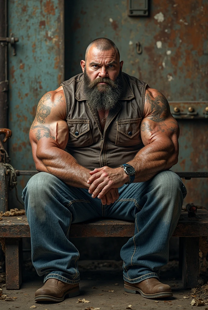 a muscular and extremely hairy man, with shaved head and oily skin, travaille sur une camionnette noire sous la pluie. il a une barbe noire, thick thighs. il porte un short Levi's 501 dirty white ultra short and fitted, soulignant sa musculature, paired with black ranger boots. il est dehors, in a deserted place, rusty garage in a barren place, paysage poussiéreux sous un ciel pluvieux, renforçant la désolation et l'isolation from the scene.