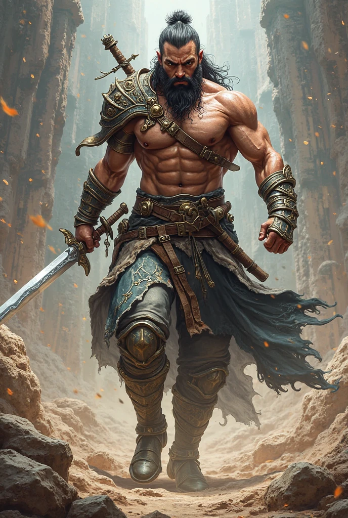 A hand-painted digital illustration of Samson, um homem musculoso com longos cabelos cacheados. He is standing heroically on a rocky hill in Israel, com as pernas afastadas e os punhos cerrados, looking determinedly into the distance. In the background are barren hills and the desert.