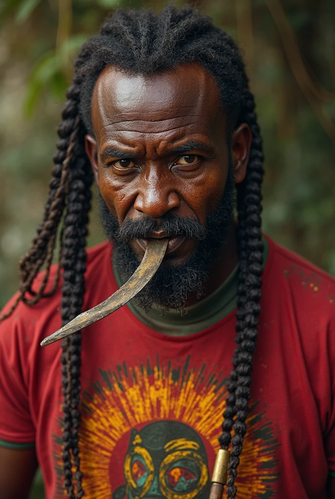 Black man is Saci Pererê - physically disabled, has only one leg - red cap - red shorts - a pipe in his hand - speaks using vowels - in the background bamboo grove and forest cap