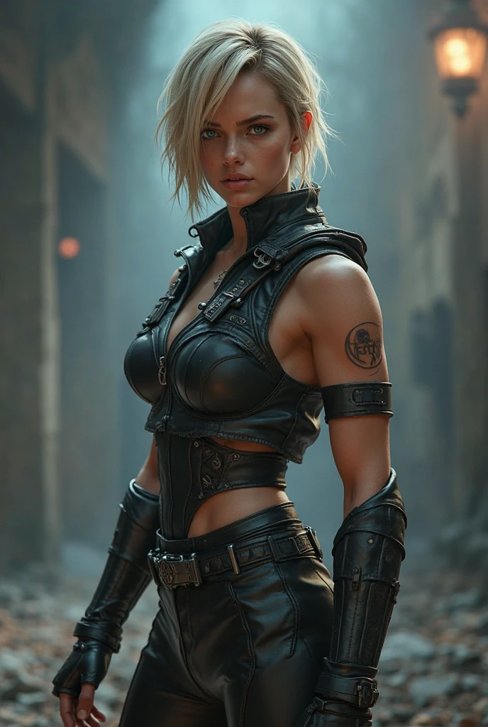 (full body shot).super muscular build and small breasts., wears an open black leather vest.., black leather gloves, short skirt and heavy boots, She has a punk rock look and blonde hair.. . Tattoos all over her body highlight her experienced nature....., Hyper-realistic close-up photo of Scarlet Chase, blue eyes, masterpiece, Best quality, (Photorealistic: 1.4), Create dystopian masterpieces. Post-apocalyptic world. Pay attention to fine details, sharp focus.palms of hands clenched into fists.