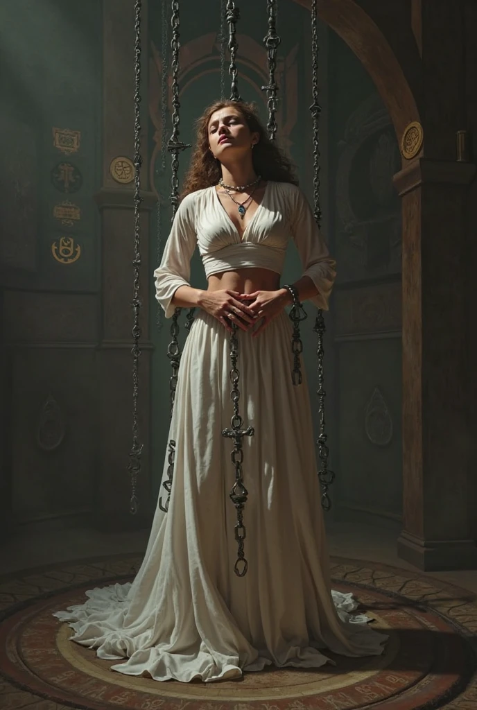 A young beautiful mage arising off of an altar that was almost sacrificed wearing a sheer robe and naked beautiful breasts nipples and areas covered in runic tattoos Masterpiece quality intricate details Dynamic lighting, style Raw.