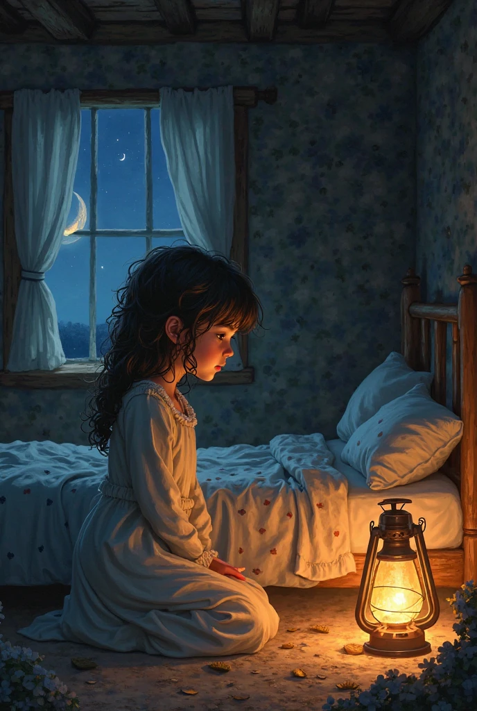 A girl sleeping peacefully in a bed in a dimly lit room. Outside, a window with moonlight