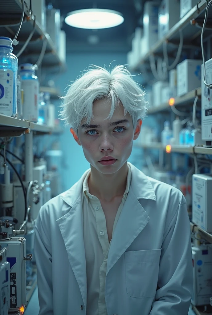 A boy locked in a laboratory where they do experiments on him. He must be half naked, with white hair, electrifying blue eyes with red flecks, must have wires attached to your body.