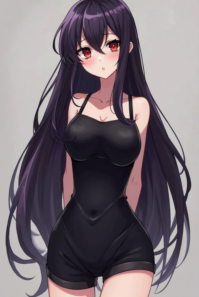 high tail hairstyle, Ponytail hairstyle, Long wavy black hair, standing posing, anime girl style, pixel art anime style,penetrating look with deep eyes,red and purple eyes, hair with a ponytail hairstyle trapped with a big red bun, Women, red hair clips, x color shaped hair clips , smiling face blush,