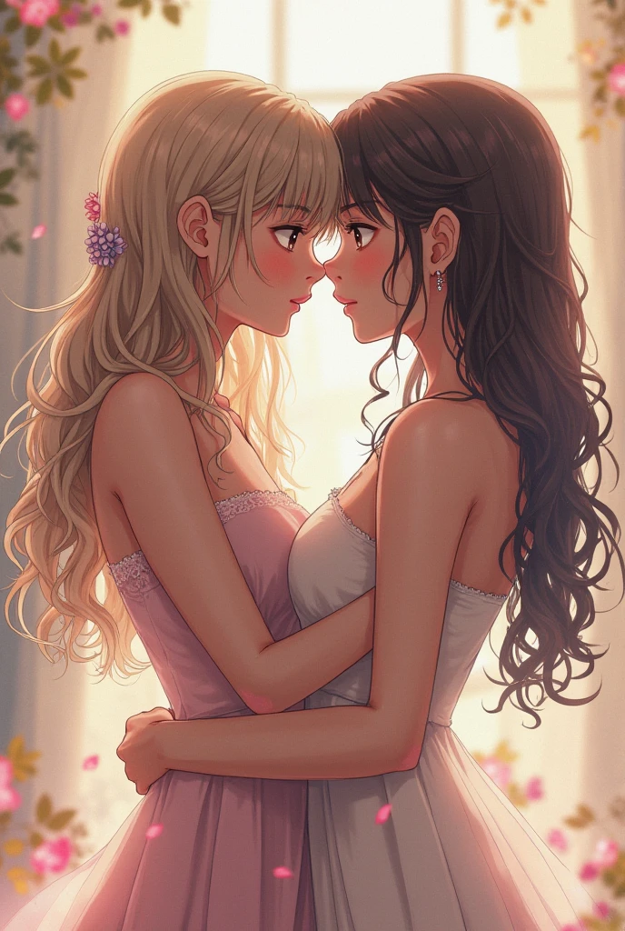 2 BLONDE girl with long curly hair, Brown eyes, in love with a 3 girl, high, Brown eyes, BLACK hair curly medium length, low-cut dress. The two women look at each other. anime style