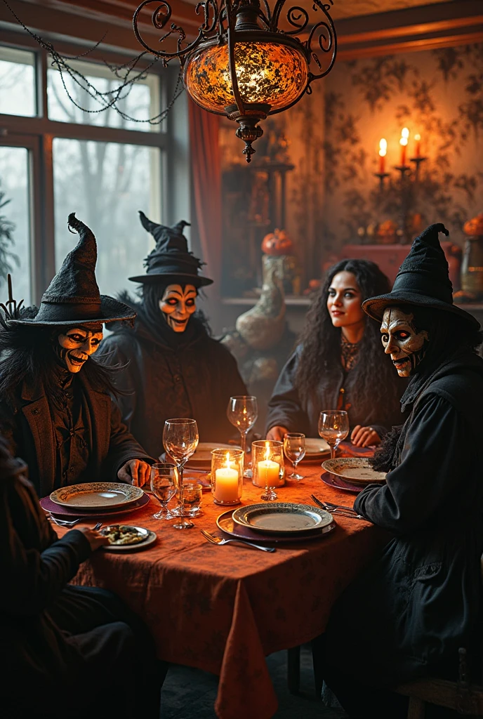 a close-up of a table with a group of ghostly people sitting around it, Day of the Dead!, Day of the Dead, ( Day of the Dead ), Mori moment, day of the dead, by Victor Adame Minguez, ( ( ( Day of the Dead ) ) ), ( day of the dead )