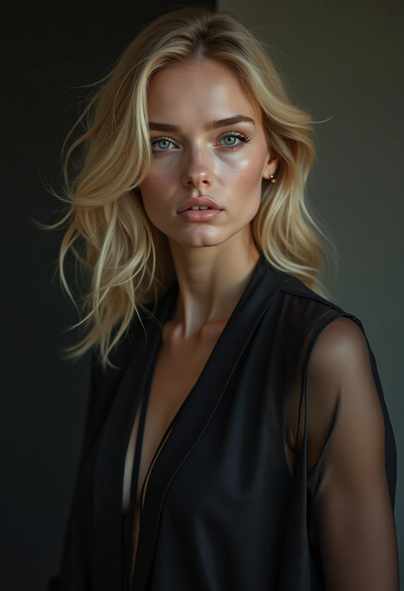 super cute blond woman in a dark theme
