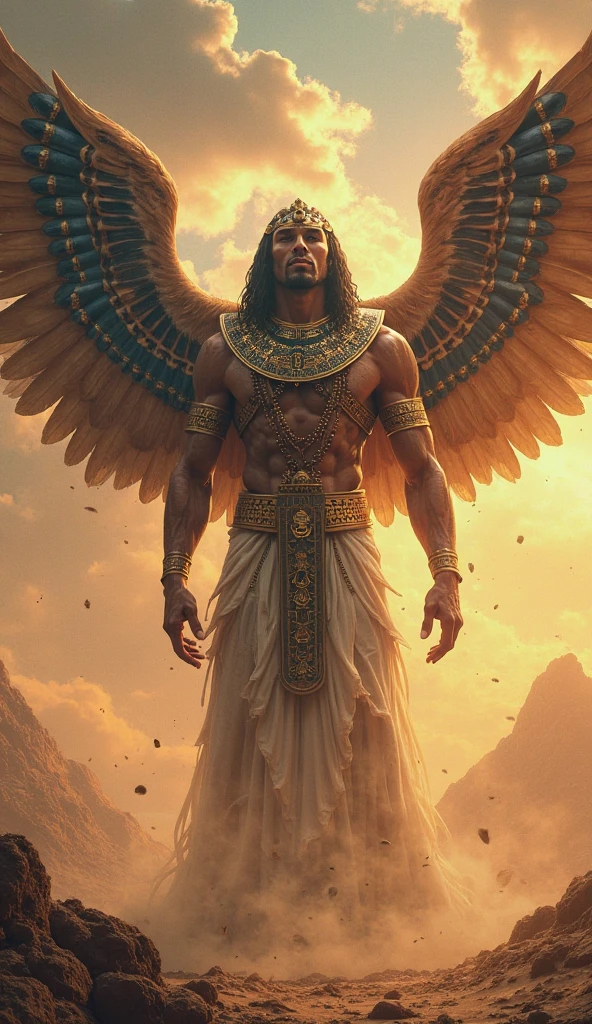 Design a portrait of Shu, the god of air in Egyptian mythology, with traditional Egyptian aesthetics such as gold jewelry, ancient symbols, and a dynamic pose symbolizing the separation of the sky from the earth. Use masterpiece, best quality, CG, wallpaper, HDR, high quality, ultra detailed face, cinematic, high detail, 8k, raw, high, artstation HQ, unreal engine, octane renderer, 4k resolution, hyperrealistic, highly detailed, and absurdres settings