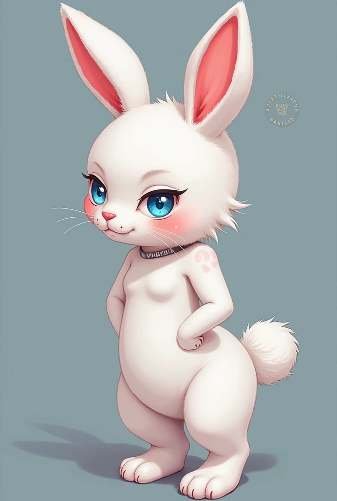 A cute small white female teddy bear with blue eyes with big chest naked doing the dog position