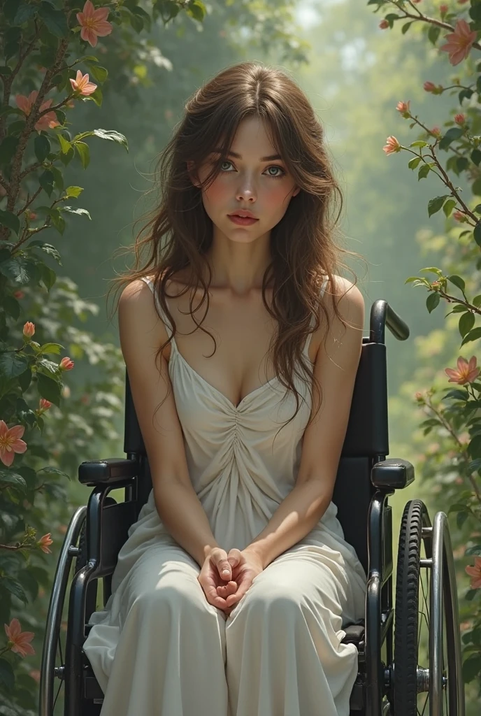 (photorealism:1.2),  cute young woman naked in a wheelchair, bare feet, naked, indoors, soft lighting, plants in background, window with sunlight, cozy room, relaxed pose, realistic, intricate details, warm colors, by Greg Rutkowski, by Alphonse Mucha,