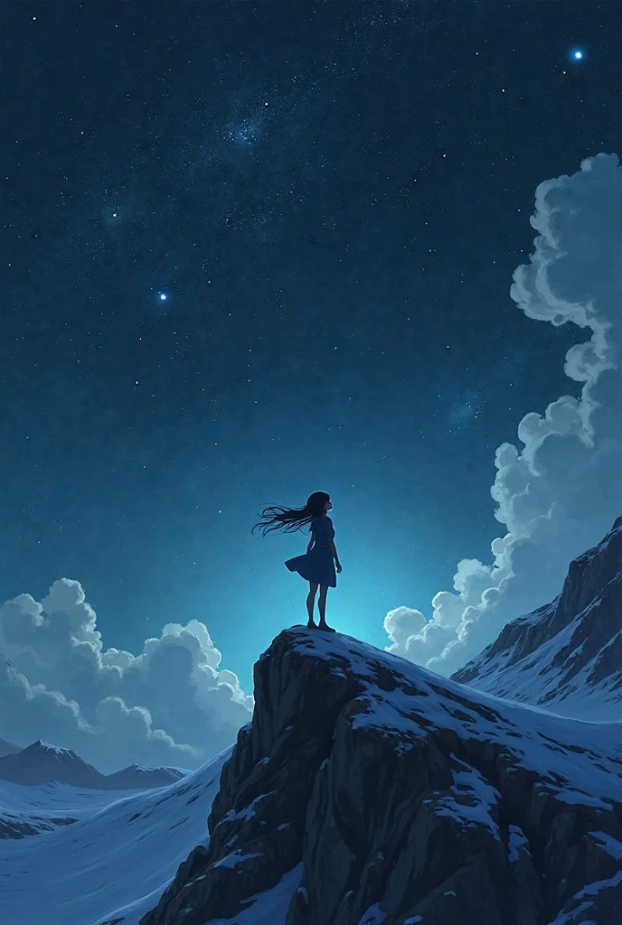 A landscape with stars in the sky and a girl at the top of the mountain ...