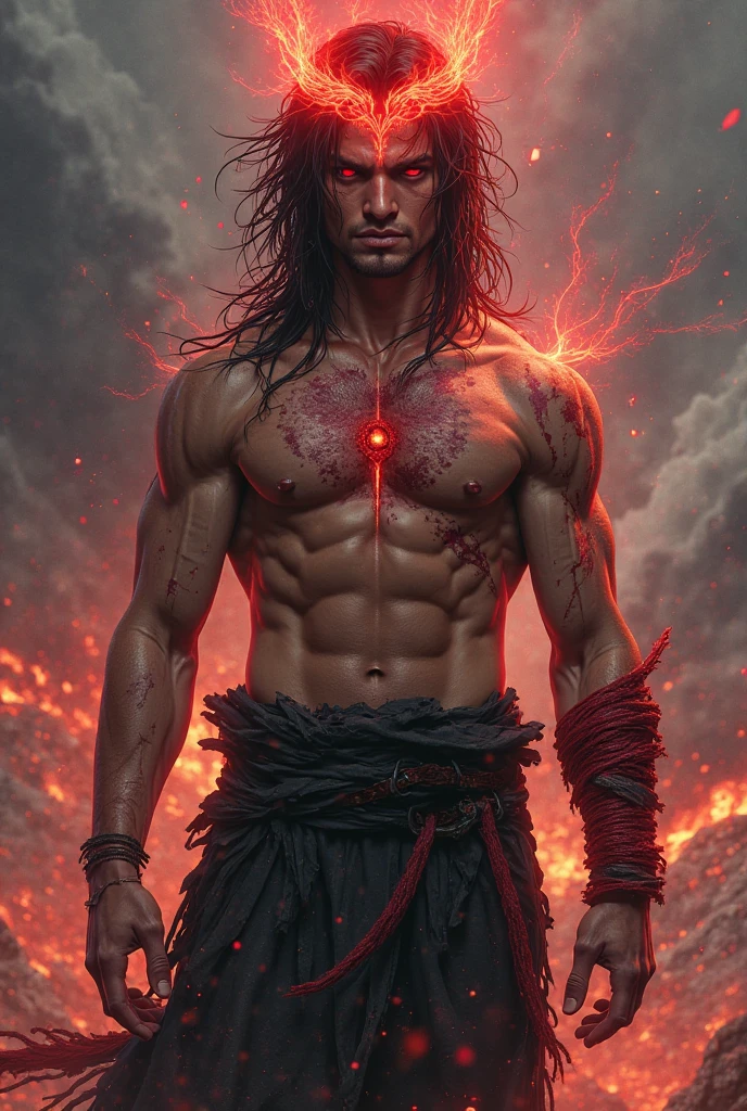 Lord krishna with 6 pac bodybuilding in cyberpunk city and orange and blue colour neon light in background and glowing his eyes in red colour