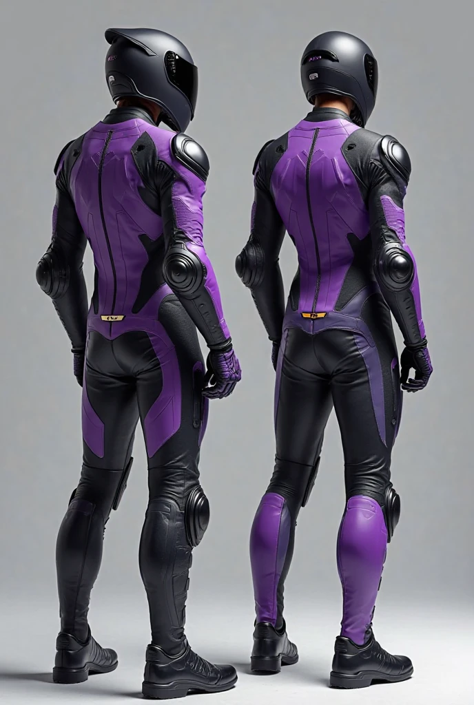 Make a mountain bike character in black and purple uniform with rally helmet on a gray background
