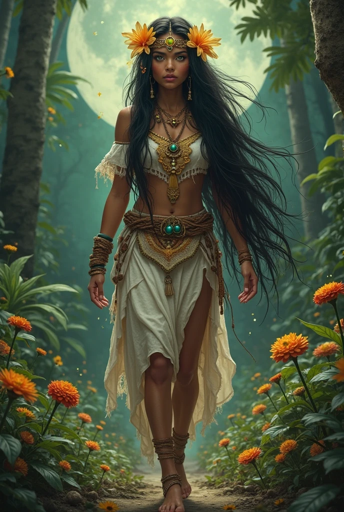 Ixchel — Moon Weaver
A wise young woman who controls natural cycles. She has a mantle made of plant fibers that changes color with her emotions. Her eyes can see the soul of those around her.