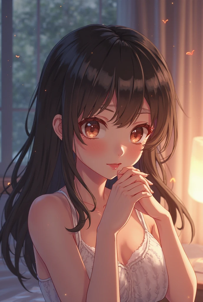 anime girl, sitting, face resting on only one hand, anime artstyle, hair flowing in wind, realistic, morning lighting, fluffy hair, happy expression, seductive look, posing for camera, magazine cover, vogue, album cover, clean, simple, portrait shot, one hand on face, black hair, hololive