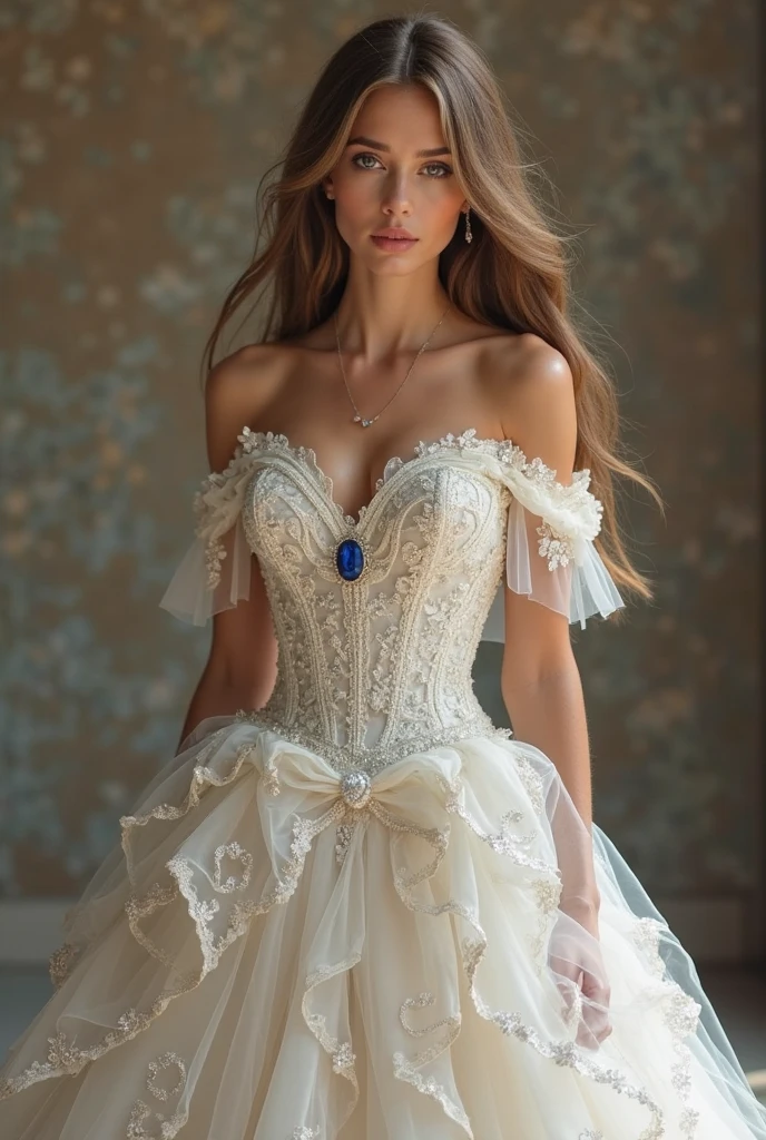 Little woman, Beautiful, Hyperrealistic, with coppery brown hair, blonde highlights, long and curly curly. With white Nordic European skin, she has a heart-shaped face with high cheekbones and a delicate jaw. Her eyes are a honey color and her lips are full and slightly parted.Naked, with her dress on the floor, her fiancé watches her, honeymoon. Her makeup is natural and understated, with a hint of blush on her cheeks and light brown eyeshadow on her lids. He is 19 years old, he is Boluctuous, sexy hot, taking off her dress, showing her private parts, semi naked, erotic, flirting, In front of a gentleman, with black hair and very attractive blue eyes, lord, The protective knight is watching her. In a room of the Palace