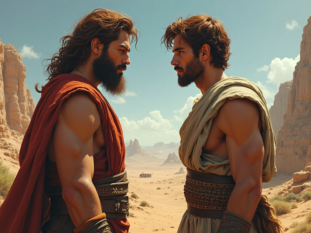 arafed image of two men in robes standing in a desert, biblical epic movie, film still from god of war, leading spartans into battle, 8 k movie still, in screenshot from the 300 movie, still from a fantasy movie, still from a ridley scott movie, powerful scene, movie still 8 k, epic scene of zeus hd