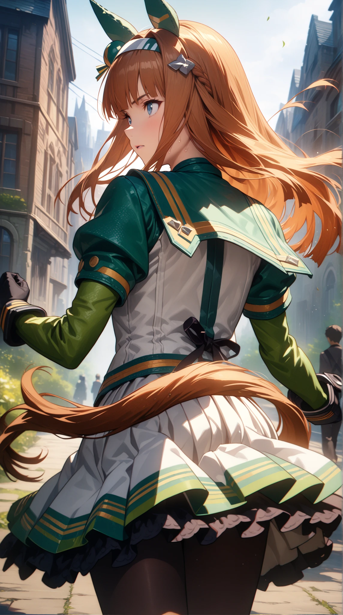  cinematic, (masterpiece), (best quality), (ultra-detailed), very aesthetic, illustration, realistic illustration, perfect composition, intricate details, absurdres,  (anime, masterpiece, intricate:1.3), (best quality, hires textures, high detail:1.2), (4k),(incredibly detailed:1.4), 1 girl、 Silence Suzuka、Uma Musume、 long hair、 animal ears 、 ear covers、  hair band、(( tea hair))、 horse tail、 green sailor color、 black ribbon、 white shirt、 layered sleeve 、Green Sleeves、 black gloves、 white skirt、 black pantyhose 、Outdoors、run、 full speed、Desperate、Flowing sweat、 running pose , full speed,in a dynamic motion,(from behind:1.2),(Don't look back, look ahead)