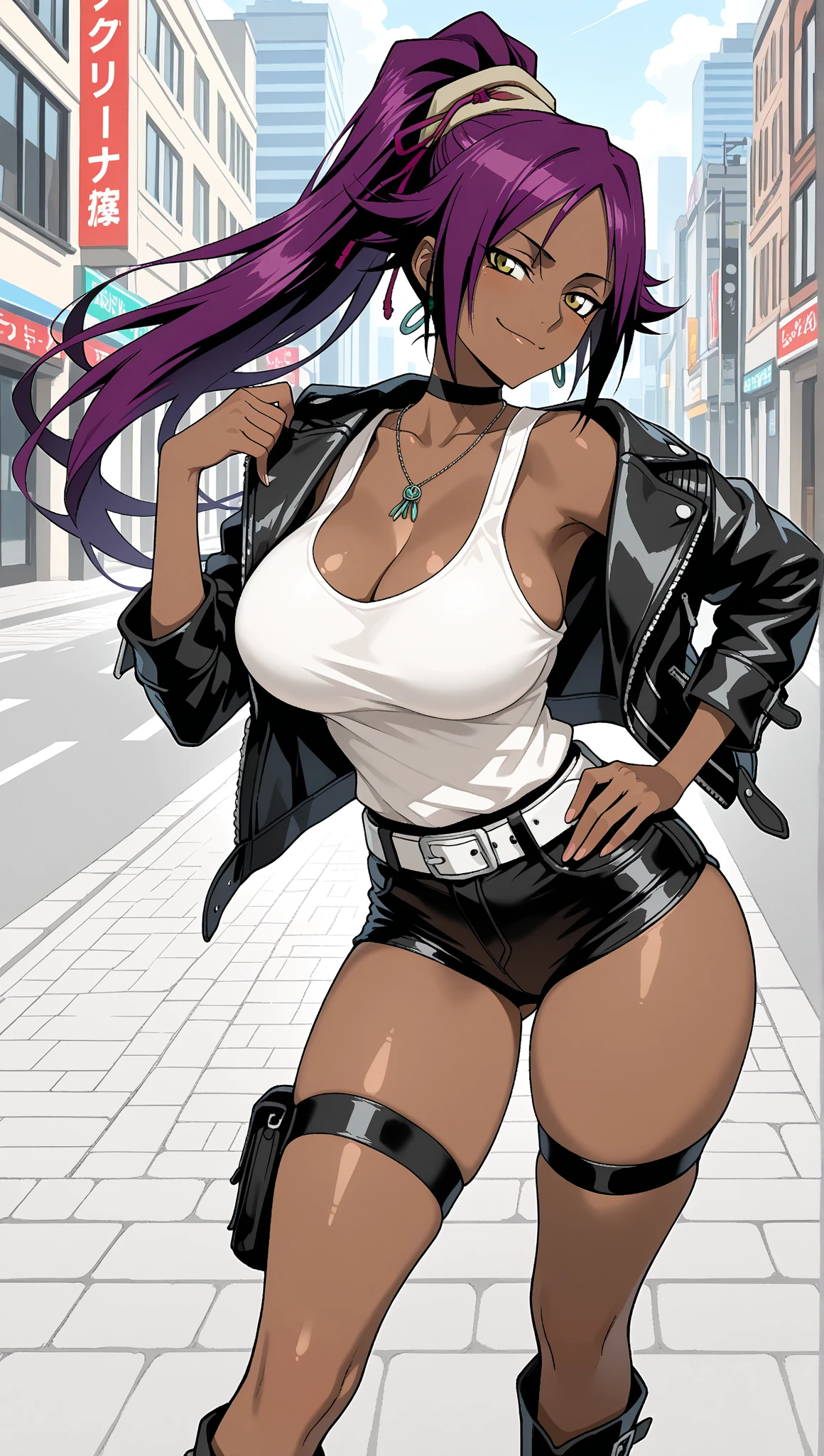 a dark-skinned girl with dreadlocks, tube top, ripped jeans, backwards cap, open leather jacket, extremely busty, smiling, thick thighs, high quality, 8k, realistic, photorealistic, detailed portrait, cinematic lighting, dramatic colors, vibrant