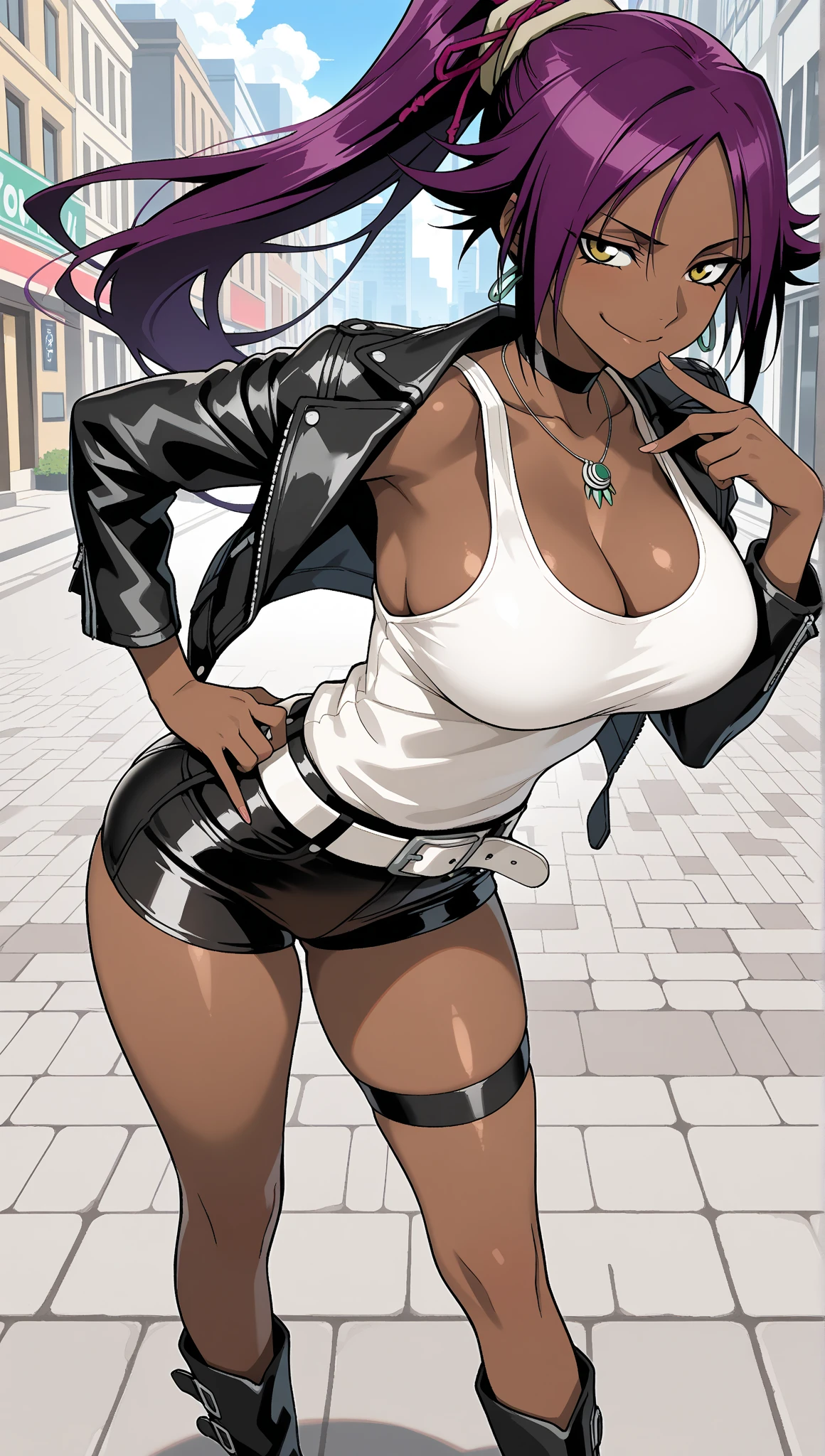(((Blake Belladonna, Blake, (big breasts: 1.2), tomboy girl, black woman, (dark-skinned female: 2.4))), cat ears, daylight, sunlight, blake belladonna, (chiseled abs: 0.5), (perfect body: 1.1), (muscular body: 1.3), (long hair: 1.2), black hair, collar, chain), full body shot, wide hips, ass, crowded street, in black tank top, denim jacket, ((shorts)), (extremely detailed CG 8k wallpaper), (extremely delicate and beautiful), (masterpiece), (best quality: 1.0), (ultra-high resolution: 1.0), beautiful lighting, perfect lighting, realistic shadows, [high resolution], detailed skin, super detailed, black eye shadow, Smokey Ice, Detailed hair, ultra detail face, yellow eyes, perfect eyes, a perfect face, Unfastened sleeves, (thigh vent: 0,9), (Wedding gloves: 1,1), fingerless gloves, black woman, (black skin: 1.9), solo