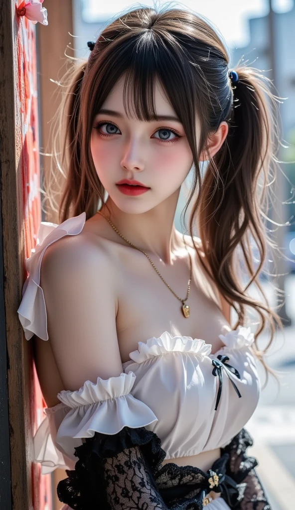 (tmasterpiece,Need,1girl,solo,Crafted with meticulous precision,color difference),realisticlying,((Medium breath)),cropped shoulders,Pink Long Hair,red headgear,Red highlight,Green eyes,耳Nipple Ring,Sharp eyes,Perfectly symmetrical body,(pureerosface_v1:0.3),neck chain,Neon shirt,Open jacket,White thin shoulder straps,against a wall,brick walls,scribbles,dim murky lights,alley,looking at viewert,((Mean,Tempting,attractive cleavage)),Bust photo