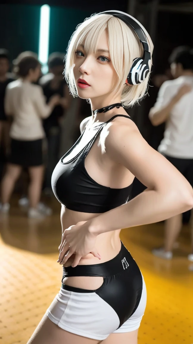 A beautiful blonde barefoot woman, with short wavy hair, wearing a blindfold, a black sportsbra and sportsshorts, doing the yoga lotos pose, looking happy.