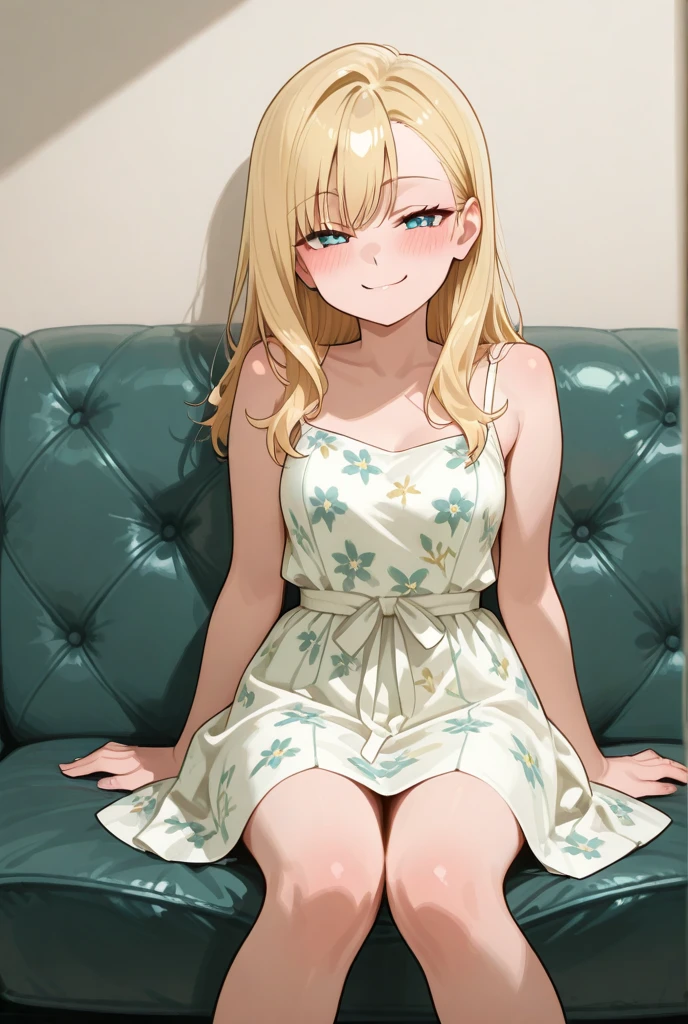 create A WOMAN FROM 18 TO 23 YEARS OLD, BRUNETTE, WITH BLONDE HAIR, WITH A SMILE, FULL BODY, MEDIUM CHEST, HOT, IN THE LIVING ROOM IN A MINI SKIRT, SITTING ON THE SOFA