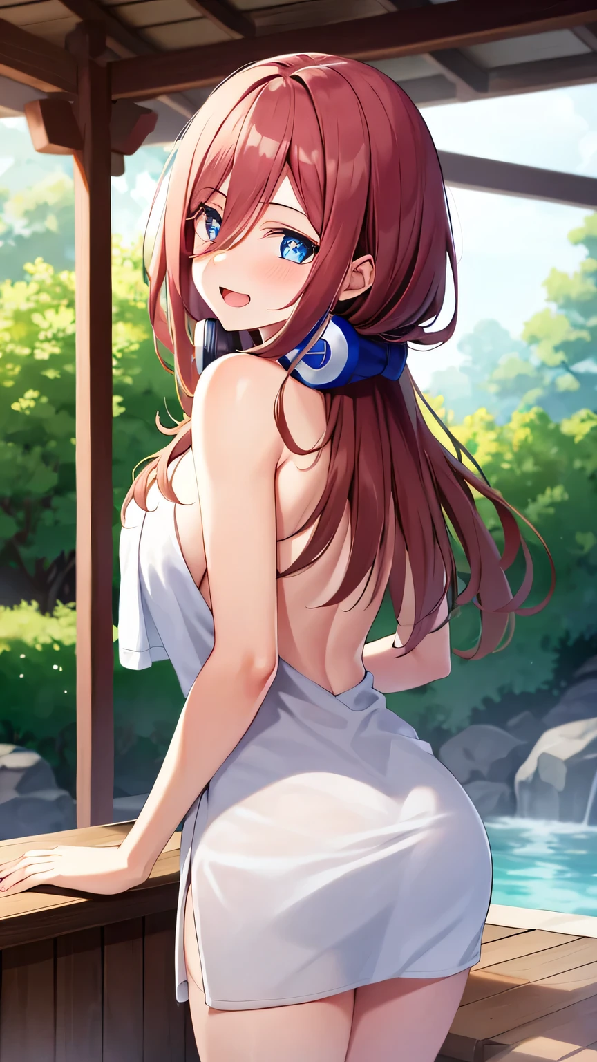 1girl, elegant erotic beautiful girl, big breasts, ((brown hair)), maxi dress, adultery, indecent, vulgar, Nakano Miku, intricate details, delicate facial features, beautiful blue eyes, ulzzang, long eyelashes, small nose, full lips, porcelain skin, natural lighting, warm color palette, chiaroscuro lighting, dramatic shadows, sensual, alluring, mature themes, artistic, dreamlike, ethereal, ((arms behind back)), sideboob, cleavage, looking at viewer, ulzzang, (blue eyes), (headphones),