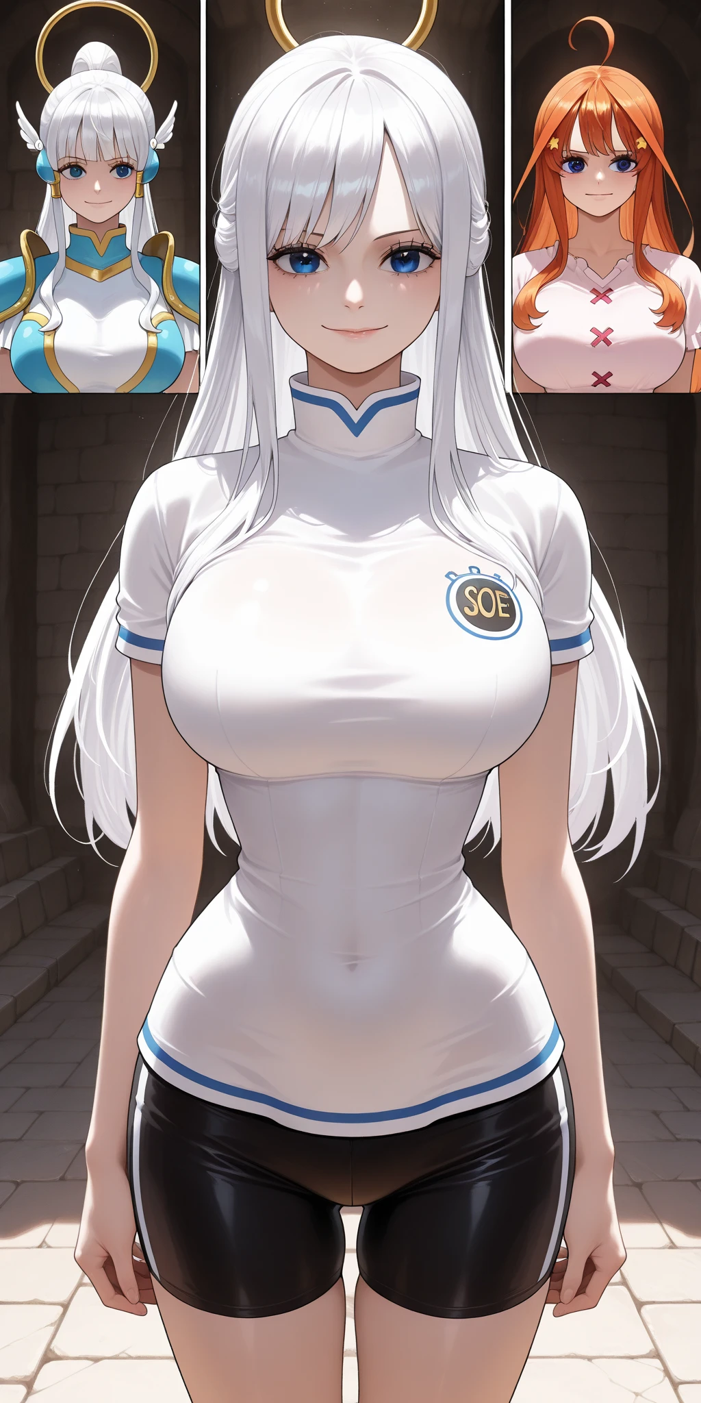 A girl who is wearing really short blue women's pants and has big breasts with crosses on her shirt, has blue eyes and pole dances and the boys look at her with love 