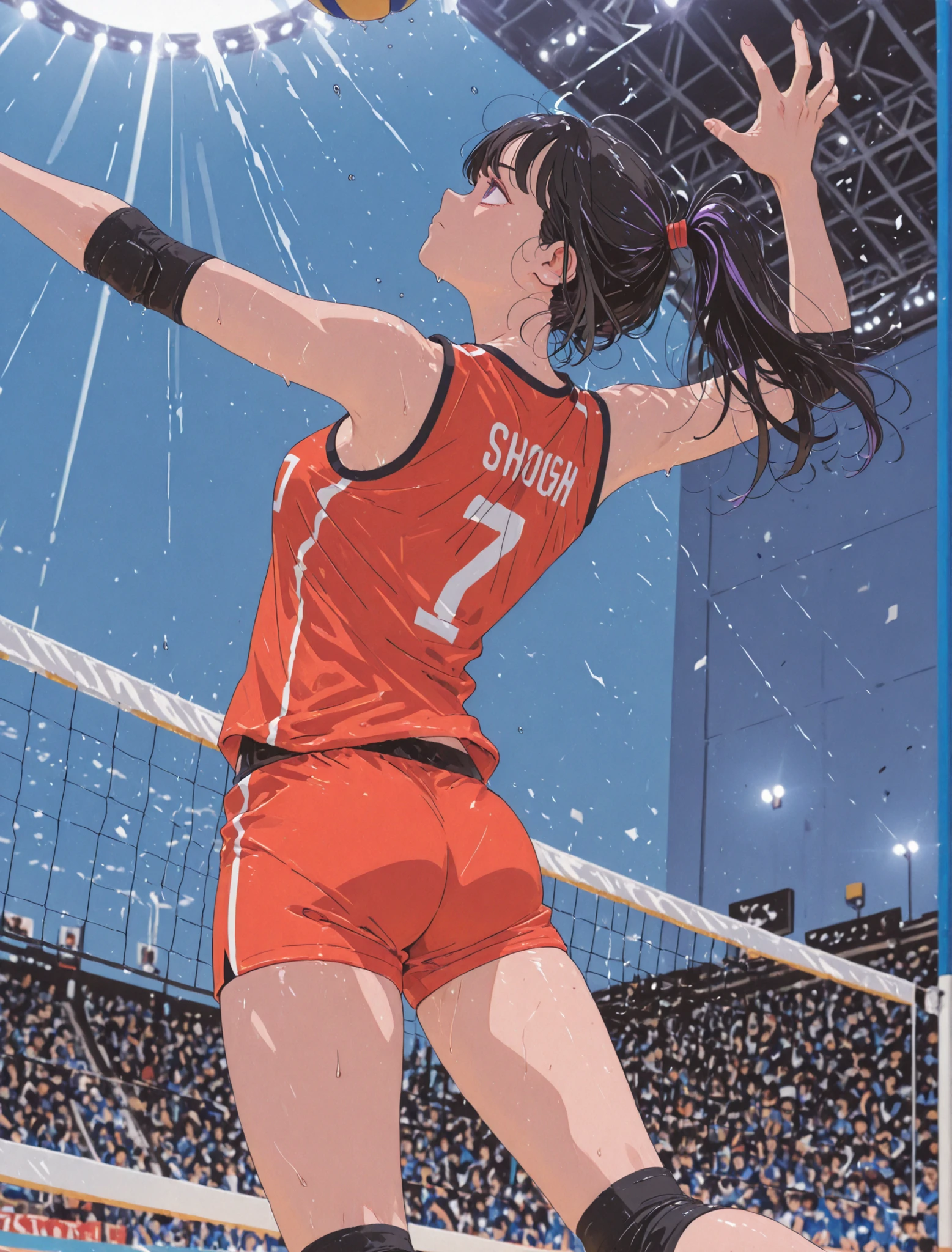 
 The AscentAnime comic style illustration, sports action, dynamic pose.Serious expression
A female volleyball player is captured mid-air, at the peak of her jump, about to unleash a powerful serve. The shot is primarily from her **Backs through uniforms.**, with her **side profile** subtly visible as her head is turned, eyes fixed on the ball. , showcasing her athletic build as she prepares to strike. The dynamic motion of her body is emphasized, hinting at the force of the upcoming serve.
748cmstyle、xss.

**Camera:** A **dynamic low-angle medium shot**, looking up at her as she jumps. This perspective amplifies her height and power, making her appear dominant and in full control. The composition should capture her from her mid-thighs upwards, with her back as the primary focus.
**Lighting:** Strong, dramatic lighting, perhaps from an overhead stadium light, casting dynamic shadows that accentuate  and the curve of her back. The light should also highlight the volleyball.
**Background:** A blurred volleyball court and stadium interior, suggesting the intensity of the game without distracting from the main action. 