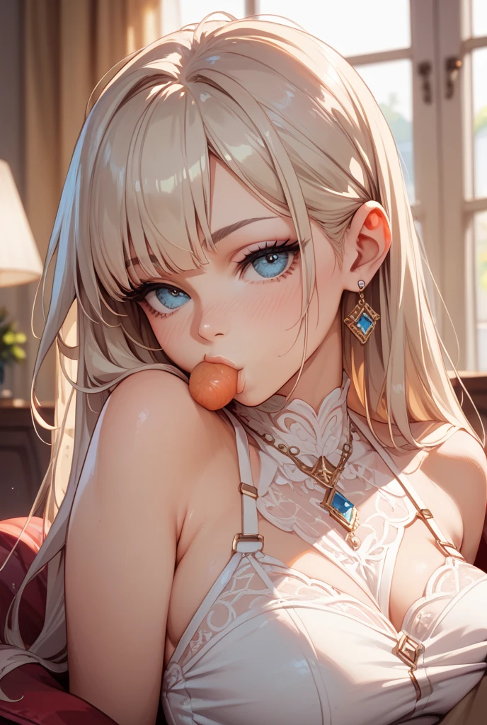 Best Quality, masutepiece, hight resolution, 8K,1girl in, (fullnude)、Beautiful little face、Beautiful face, ((Beautiful golden hair))、((Lace knee-high socks、Lace Long Gloves))、Hair Ornament, (Tongue out、mouth opened widely、Drooling from the mouth、red blush)、Blunt bangs、Braided bangs、Background of Western-style buildings, (High detailed skin:1.2), High quality, Volumetric lighting, ((White liquid on the body))、１Man lying naked