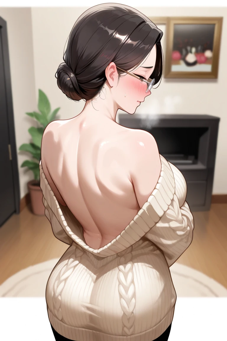 (((Masterpiece))),(((Super Detail))),(((in 8K))),(((best composition))),(((Rim lighting,Fireglow effect,deep shadow))),solo),Beautiful fingers,Detailed finger features,(Detailed hair features:1.7),(Dynamic and sexy bending pose:1.3),detailed facial features,detailed clothes features, (perky chest:1.1), (pointed chest:1.3), delicate beautiful face, Bright blue eyes, cute eyes, sparkling eyes, Big eyes, beautiful detailed eyes,double bun with glittering hair ornament:0.6,(super detailed glossy skin:1.3),slender body,goddess smile,((with sparkling eyes and a contagious smile)),beautiful posture,have a cup of coffee,black hair, red eyes, dress, bare shoulders, jewelry, collarbone, sidelocks, hairband, earrings, indoors, off shoulder, sweater, arms behind back, plant, short hair with long locks, white hairband, off-shoulder dress, sweater dress, off-shoulder sweater, red sweater, big side hair, very long side hair,(super delicate kitty pattern:1.2),seductive cleavage:1.3,beautiful glossy legs,shiny black high heels,lifting dishes with cakesd,japanese restaurant,hustle and bustle,rising steam of coffee,(((depth of fields))) 