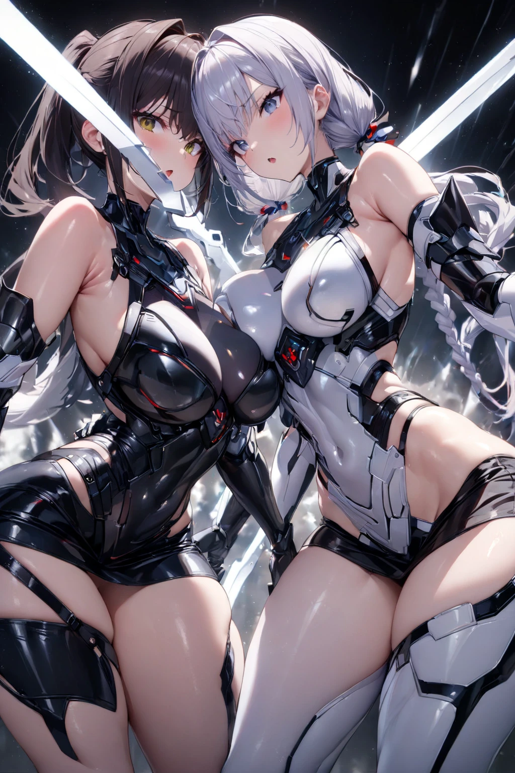 Highest quality、super high quality、16K, Breast size is random、Facial expressions are random、Location is random、 Hair color is silver hair、Pose standing、The distance is random、The angle is from directly below、Small face、Very delicate facial expressions、Delicate eye depiction、Highly detailed hair、Erotic、18-year-old female、Glowing Skin、Soft Skin、Lower Body、Ass、Sexy crotch、The only sexy Japanese woman、Race queen outfit random、Two female models、
