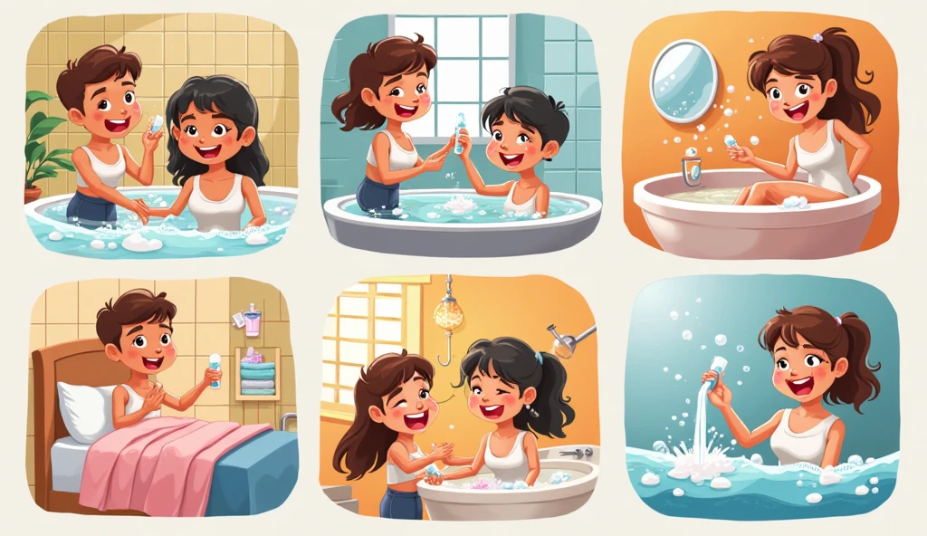 A cartoon demonstrating how to thoroughly wash your face in 4 steps.