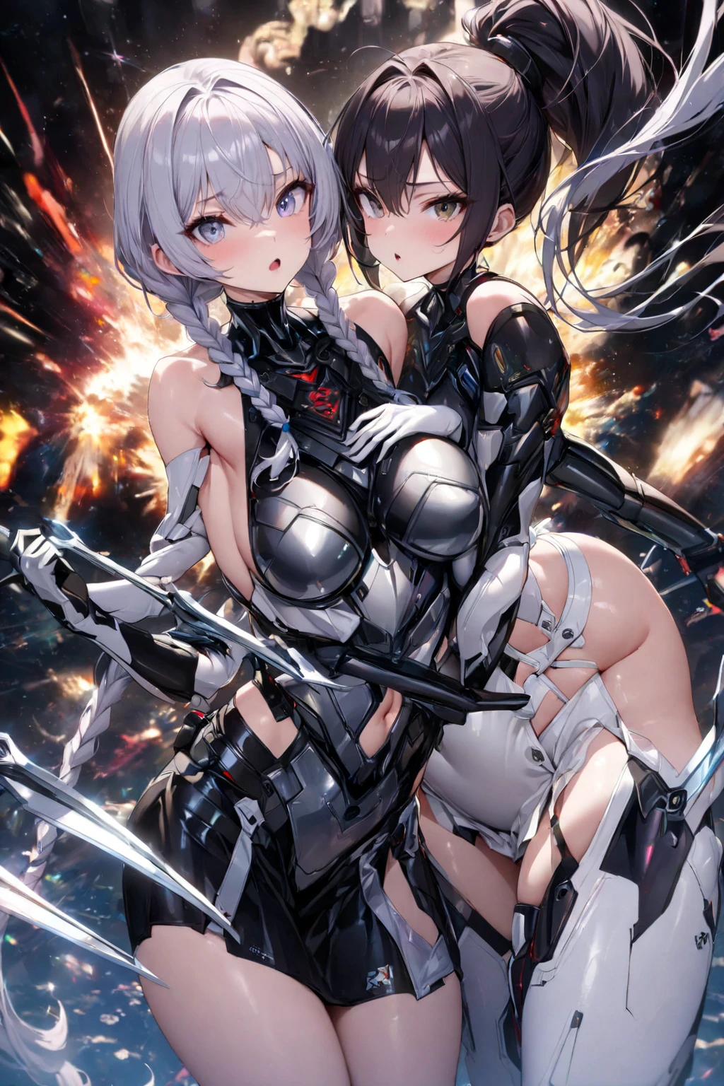 Japanese_anime_style,1figure_girl,(loli:1.5), (short_ponytail:1.3), (light_whitish_purple_hair:1.3),black_mechanical_armor_parts,white_breasts_parts_red_black_body_suit,bare_shoulder,bare_slender_thighs,medium_breasts,on_the_desk, desk_background,Stinging_eyes,(half_pupil:1.5),sleepy,thighhigh_greaves,gauntlets,dynamic_posing,bare_frank,metal_red_parts_armor,red_eye,
fists,hold_weapon,glare,navel,large_mechanical_parts,happy,waist_armor,open_mouth,rise_legs,apart_legs, (covered_navel:1.3),(very_long_bangs:1.3), (hair_over_one_eye:1.5),(long_bang_covers_right_half_of_face:1.5),
(covered_pussy:1.1),covered_breasts,armpits,