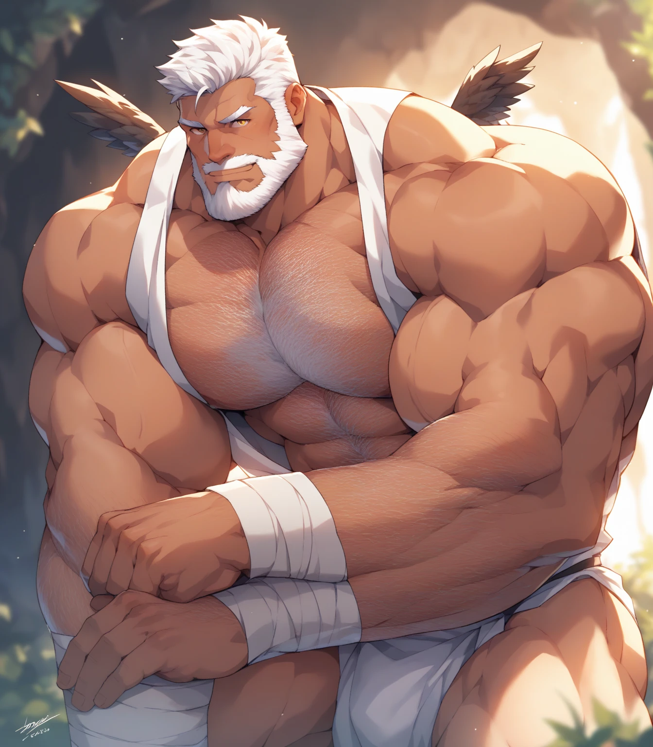 Sexy, muscular male, tight boxer briefs, shirtless, furry arms, hairy chest, big biceps, older aged, age 60, bearded, full body, Viking, gray haired, big pecs, heroic pose, flexing, manly face reaction,