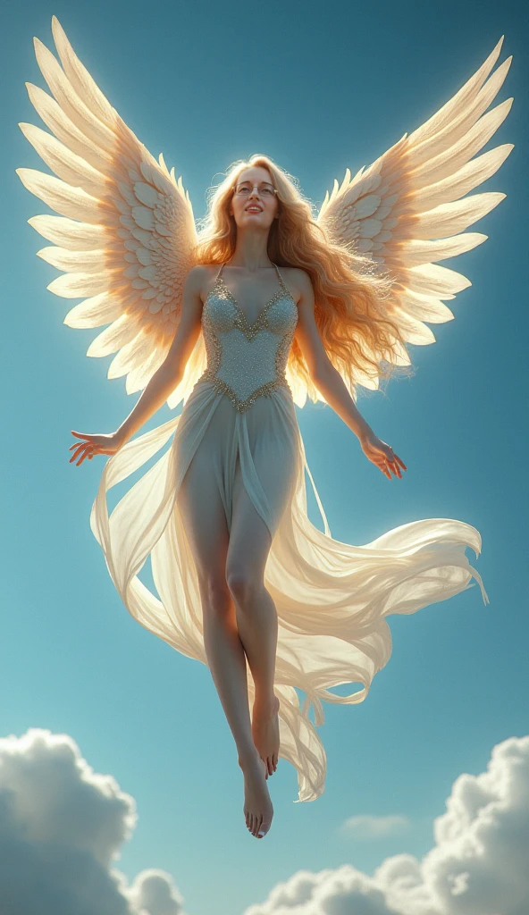 🖼️ 🎨️ 📐 ✨ fotografía profesiona ultra detallada de pintura renacentista al óleo de un ángel femenino con las alas abiertas flotando sobre un cielo azul y nubes blancas, multiple colors, ultra realistic, with a beautiful angelic face, vibrant 256k colors, blessed winged angel, cosmic, queen, Full body image, with Nike sneakers, radiates light, with soft flashes of light on her half-naked body, covered with wavy silk that falls and floats gently, magnificent, beautiful, heavenly face, Golden hair, White skin, Princess, rock makeup, Large ultra detailed wings with white feathersA guardian angel with majestic wings, lovingly wrapping someone in his heavenly robe,