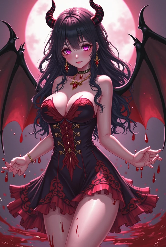 1girl, solo, rating:s, breasts, purple_hair, wings, long_hair, looking_at_viewer, clevelage, :d, twintails, vampire_girl, demon_wings, bare_shoulder, large_breasts, open_mouth, bangs, horns, purple_eyes, bat_wings, red_dress, blush, nail_polish, demon_tail, collarbone, jewelry, choker, pointy_ears, skirt, fang, black_dress, frills, hand_up, cowboy_shot, detached sleeves, low_wings, red_eyes, head_wings