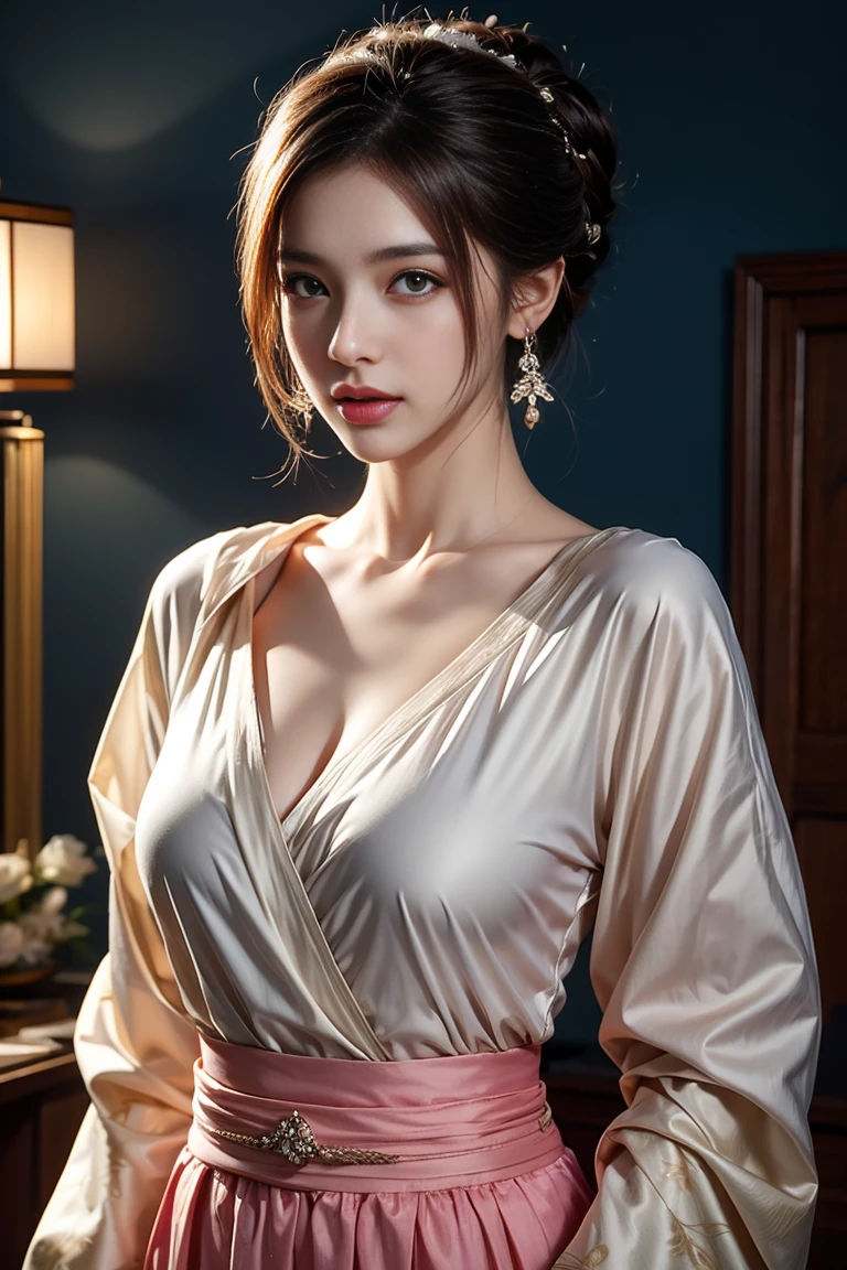((Kumiko Goto:1.3))Beautifully detailed face、Pale skin、Realistic glowing skin、Detailed cloth texture、Detailed hair texture、Perfect body、Beautiful Face、correct、Anatomically correct、 Highly detailed face and skin texture、Natural neck length、(Beautiful Hands)、(Fair skin:1.2)、Thin legs、Thin legs、 break 細かい目元、Symmetrical eyes、Light brown eyes、double eyelid、Thin eyebrows、(Glossy Lips:1.4)、((A kind smile:1.2))、(blush:1.1)、 break (Elegant and pretty girl:1.3)、Medium-sized large breasts、(Slim figure:1.1)、Toned Abs、Beautiful clavicle、 (Dark Blonde、Wavy Hair、Long Hair:1.2)、(Cowboy Shot:1.2)、A shy smile、Full figured supermodel standing, Full body in frame、Standing Elegantly,Silver Necklace_Big earrings、blue long sleeve button up blouse_blue big ribbon tie_white pleated mini skirt、In a crowded café at dusk