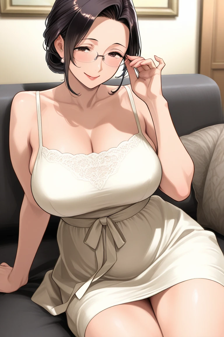 Japanese,Black Hair,50yo,mature sexy woman wearing a white dress sitting on a chair, Short dress,Tight dress,upskirt,White panties,Dim lighting, sexy, hot,Blushed cheeks,blush, Lusty mature woman,Small breasts,erect nipples,(Cum between the breasts),Semen dripping from the mouth,Open your legs slightly towards me,BDSM,Chest tied with rope,Hands tied to a chair,(open leg),