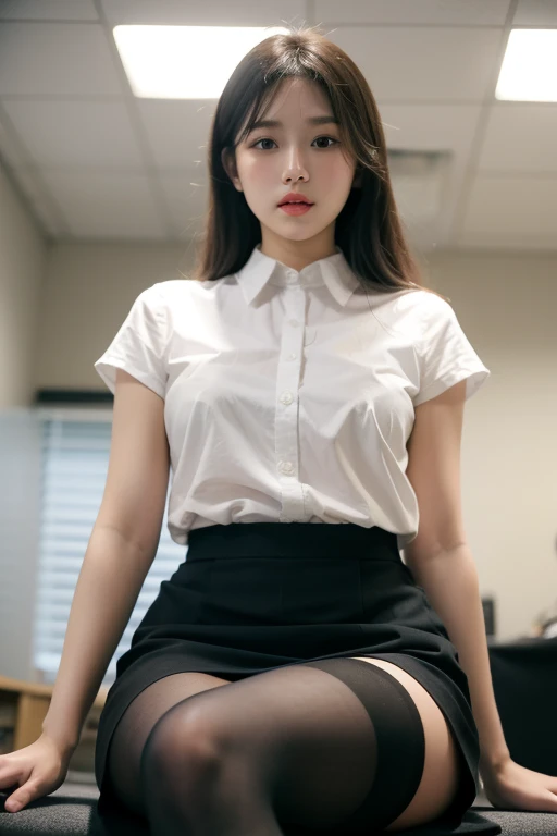 Woman in the crotch of the viewer。She straddles。Flesh colored rod penetrates her pussy:2.0。black suit with white shirt、((Upper body is clothed))、Upper body is a suit、The lower half of the body is naked。Open。Detailed depiction of:1.5。she is very slender。1girl in。Open vagina。Hairless。Small。Skinny Body。Close your eyes and scream、she clenches her fist、stick in pussy。Black tights、Pleated mini-skirt