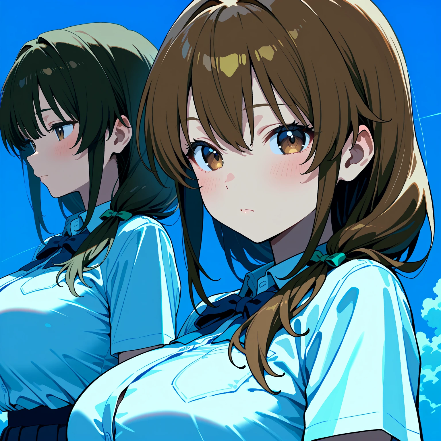 masterpiece, best quality, highres, 1girl, solo, superhero, leotard, blue and white leotard, bare legs, brown hair, short hair, brown eyes, hairband, medium hair, ribbon, boots, matching boots, blue boots, medium breasts, cowboy shot, standing, city backdrop, haruhi suzumiya, kyoani haruhi style, sleeveless, tornado spin, spin, twirl, wind particles, light particles, swirls, tornado swirls, super-spin, perfect arms, perfect legs, perfect hands,