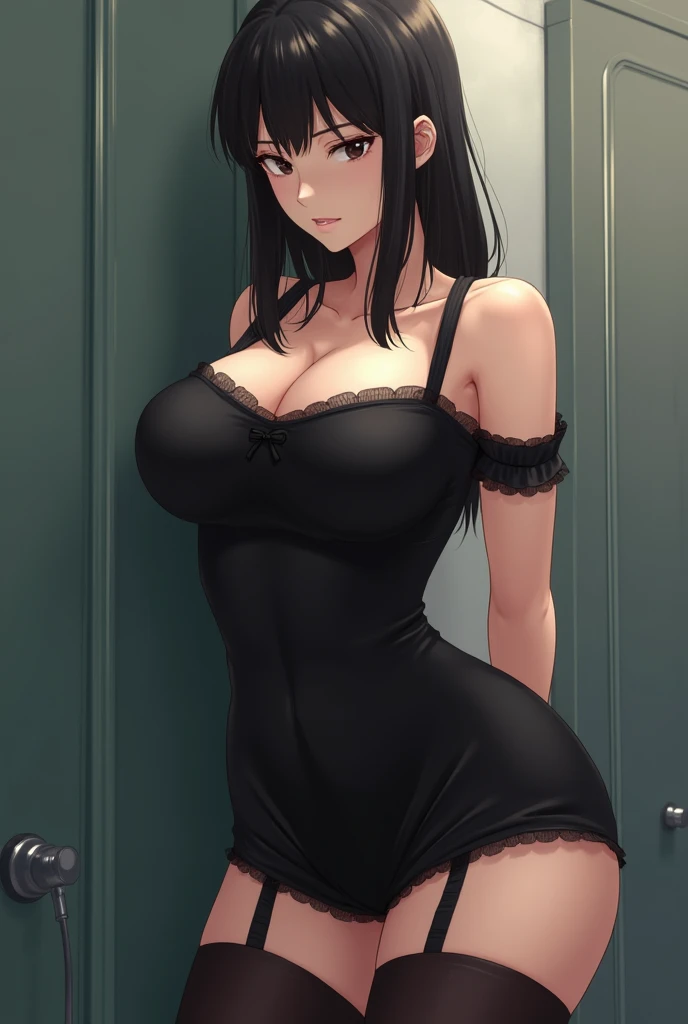 lilicon, showing pussy and left nipple no tits , tiny waist, medium butt, wearing dirty torn dress showing left nipple wearing no panties, black hair, long hair, straight hair, dirty hair exposedforehead, light blue eyes, wearing one black shoe ear piercings, earrings, eyebrow piercing, nose piercing, tongue piercing, belly button piercing, heavy eyeliner, mascara running from tears luscious eyelashes,anime girl child