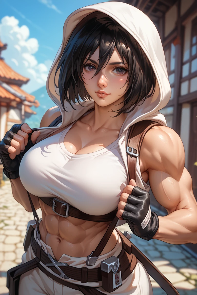 (best quality, masterpiece), Mikasa Ackerman, black hair,  solo , red scarf, boxing, in ring, sports bra, standing, big breasts, cleavage, shorts, sweat  looking_at_viewer