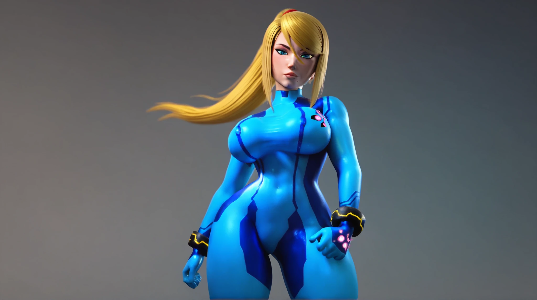 zero suit samus, blue eyes, stunning proportions, zero suit, skin-fit bodysuit, white background, long hair, ponytail, extremely detailed, shiny, full body shot, sexy armor, cleavage, spread legs, pink lipstick, kneeling, sleeveless, thighhighs, soft