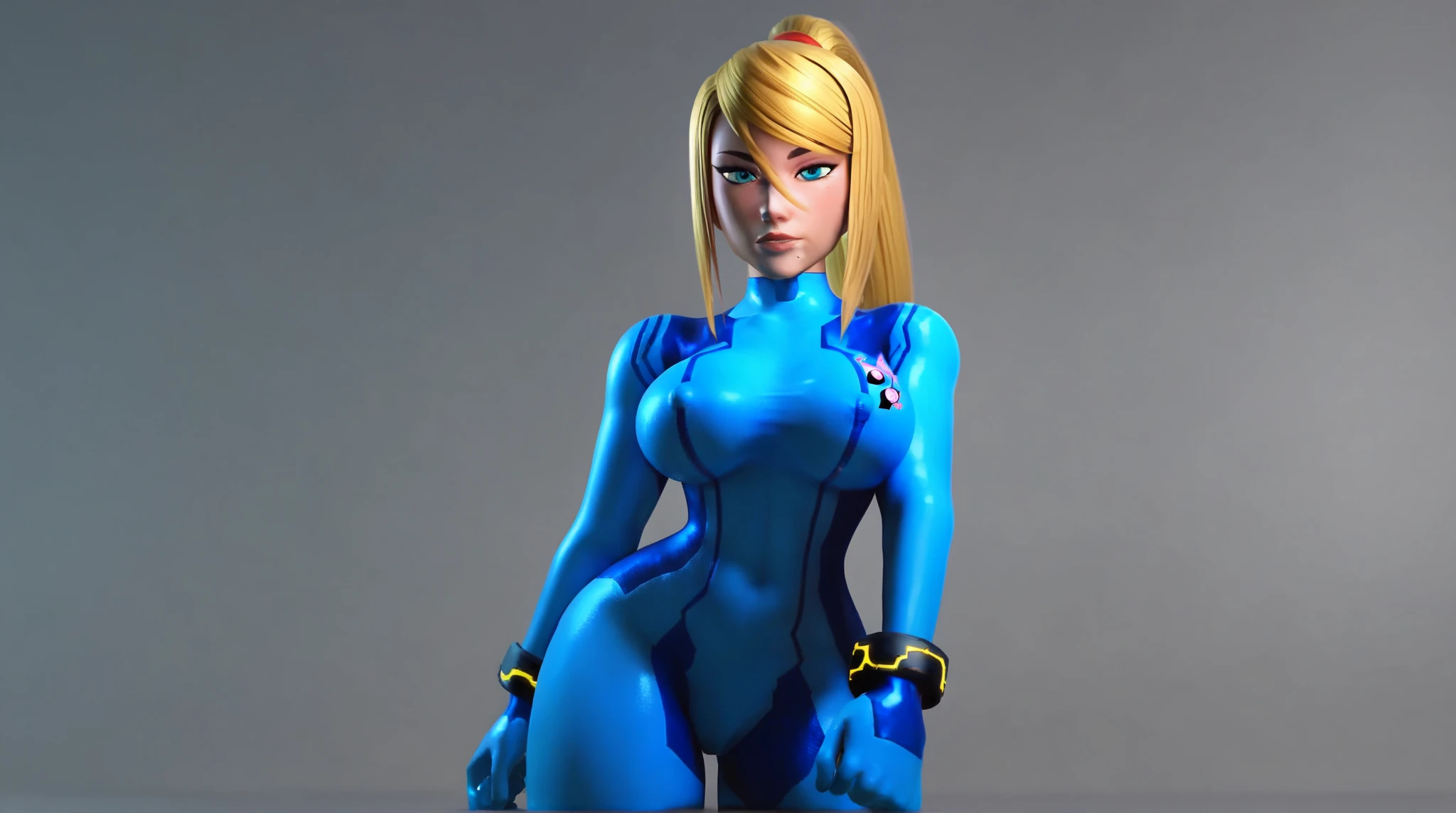 zero suit samus, blue eyes, stunning proportions, zero suit, skin-fit bodysuit, white background, long hair, ponytail, extremely detailed, shiny, full body shot, sexy armor, cleavage, spread legs, pink lipstick, kneeling, sleeveless, thighhighs, soft