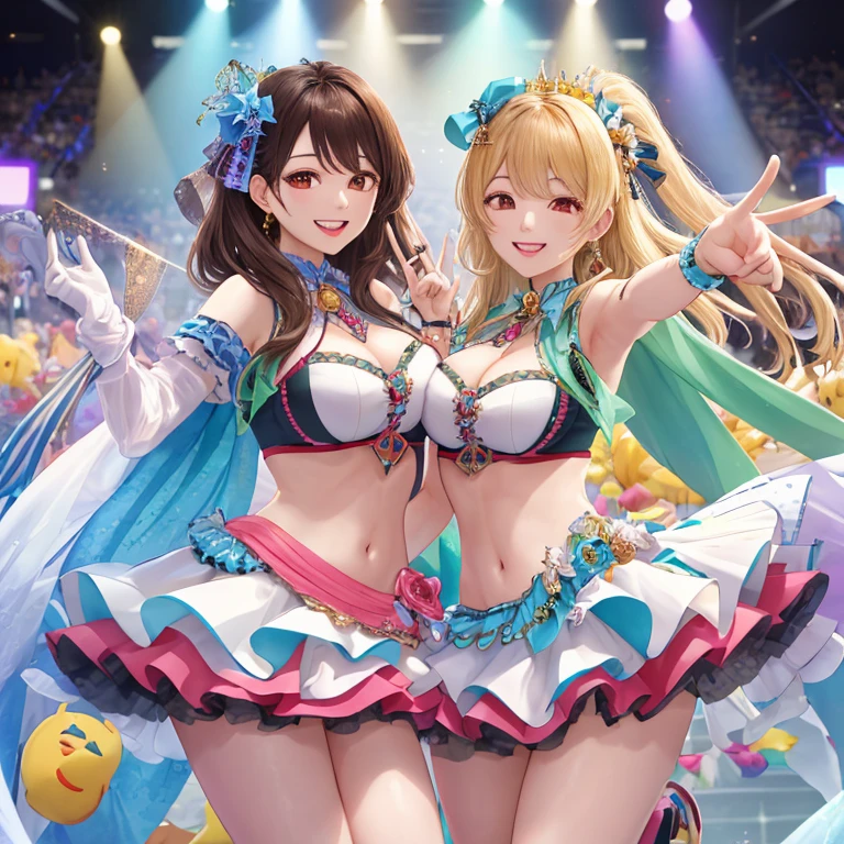 ((masterpiece、Highest quality、Official Art))、snap shot、Idol Concert、Concert Stage、(3人のcute naked girls、12 years old、smile、sing、dance、Ribbon headband、Ultra mini skirt:1.2、Idol Costumes:1.3 )、Exposing the breasts、Hair of different colorr.々Hair style、(((Full nudity、Pussy、cute)))、(Sweat a lot、Glowing Skin)、Anime key visual, ((The characters are unique))
