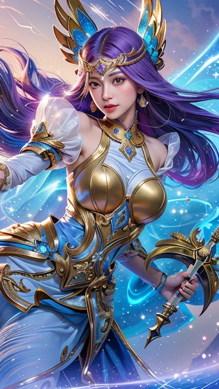 Create an image of Soraka in her latest skin, 'Celestial Harmony,' from League of Legends. She is dressed in an ethereal gown with shimmering stardust and celestial symbols. Soraka is performing her 'Wish' ability, with a radiant, starry aura enveloping her staff as she channels a healing energy that spreads outwards, illuminating the surrounding area with soft, cosmic light.